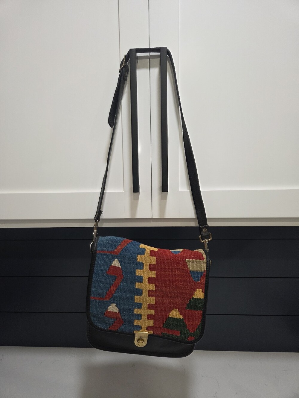 Vintage Handwoven Kilim Wool & Leather Crossbody Bag - Boho Southwest Tapestry
